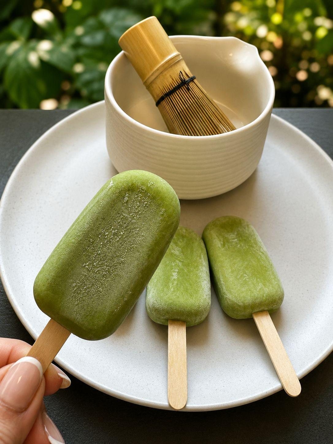Cremiges grünes Matcha-Eis am Stiel
